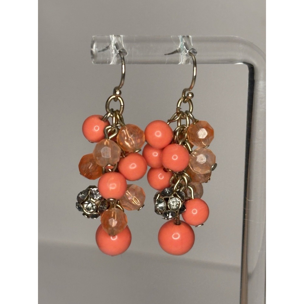 Vintage Cluster Dangle Earrings Acrylic Bead Rhinestone Melon Peach Orange